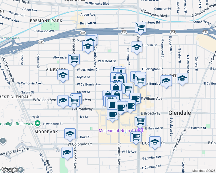 map of restaurants, bars, coffee shops, grocery stores, and more near 336 West California Avenue in Glendale