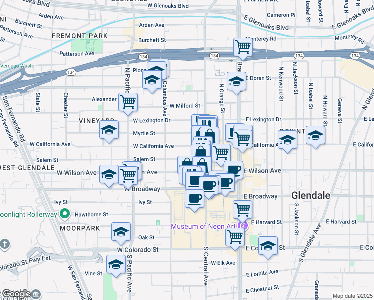 map of restaurants, bars, coffee shops, grocery stores, and more near 336 West California Avenue in Glendale