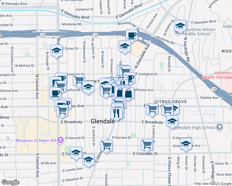 map of restaurants, bars, coffee shops, grocery stores, and more near 221 North Glendale Avenue in Glendale