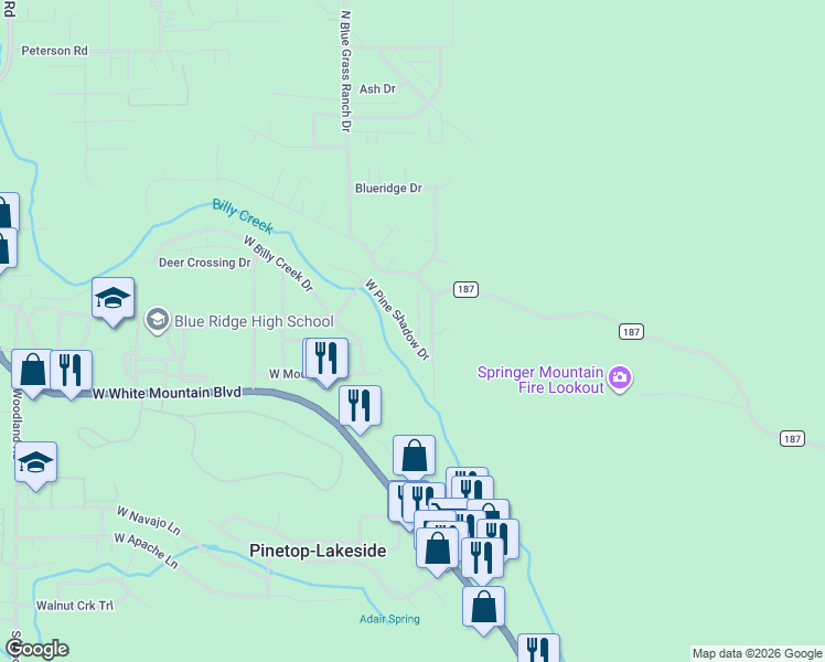 map of restaurants, bars, coffee shops, grocery stores, and more near 108 West Pine Shadow Drive in Pinetop-Lakeside