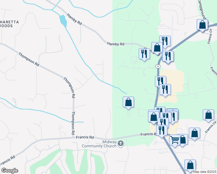 map of restaurants, bars, coffee shops, grocery stores, and more near 15150 Sandpoint Trce in Alpharetta