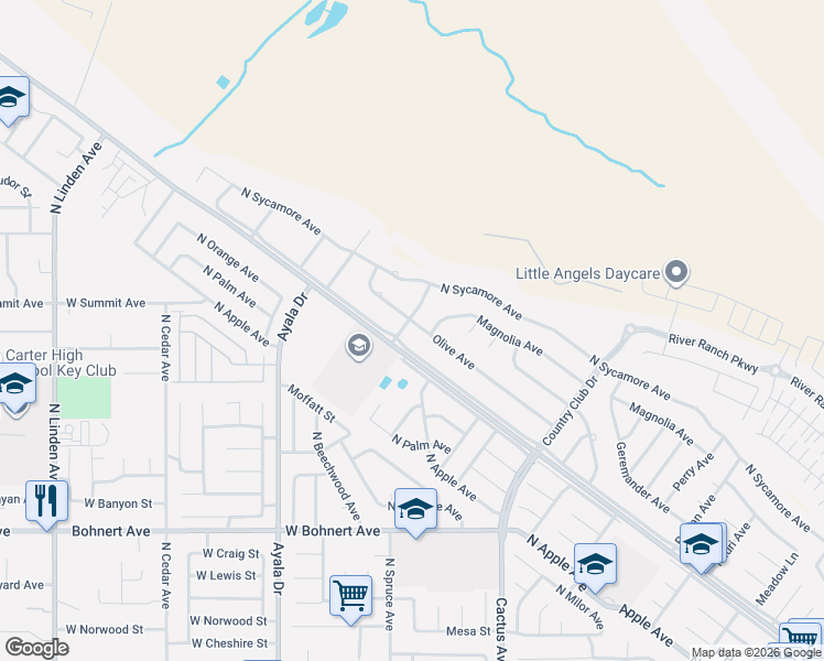 map of restaurants, bars, coffee shops, grocery stores, and more near 5695 Riverside Outer Highway East in Rialto