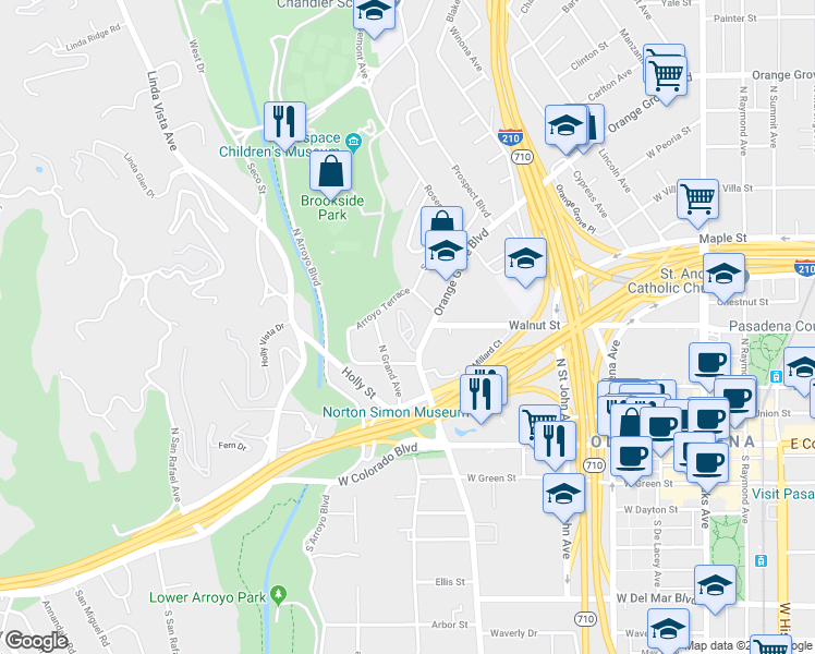 map of restaurants, bars, coffee shops, grocery stores, and more near 533 Continental Court in Pasadena