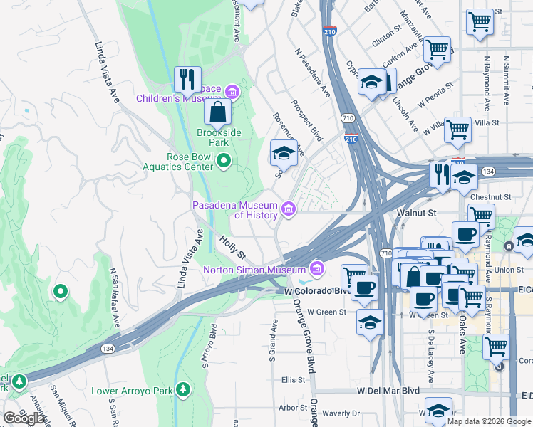 map of restaurants, bars, coffee shops, grocery stores, and more near 170 North Grand Avenue in Pasadena