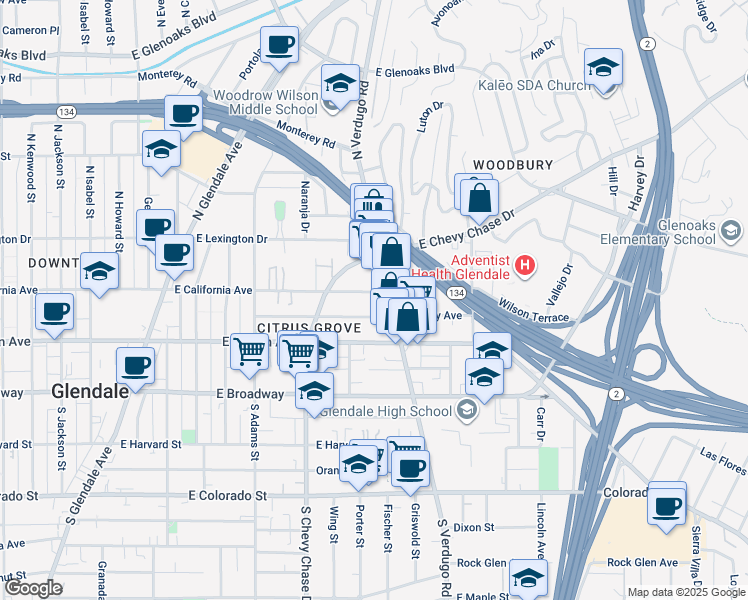 map of restaurants, bars, coffee shops, grocery stores, and more near 1332 Stanley Avenue in Glendale