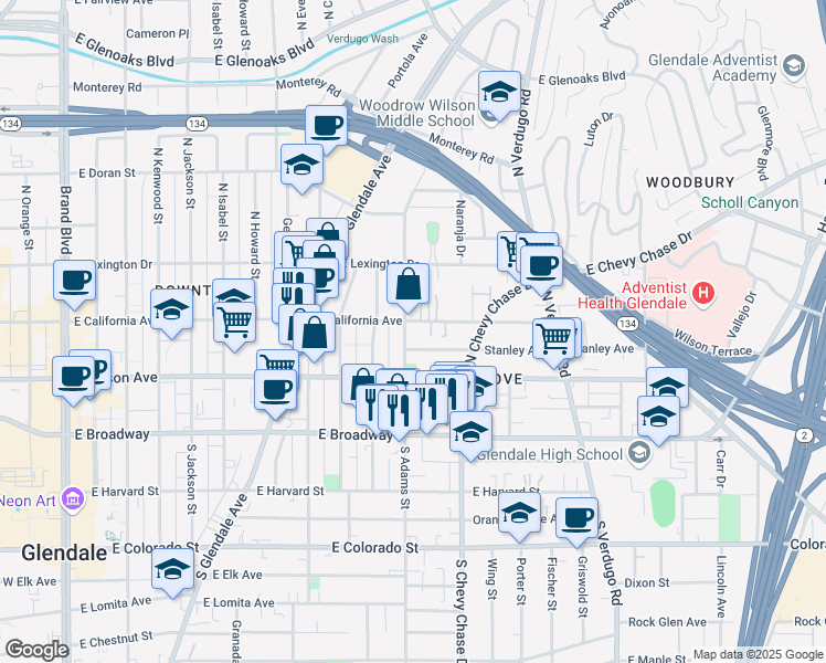 map of restaurants, bars, coffee shops, grocery stores, and more near 223 North Adams Street in Glendale