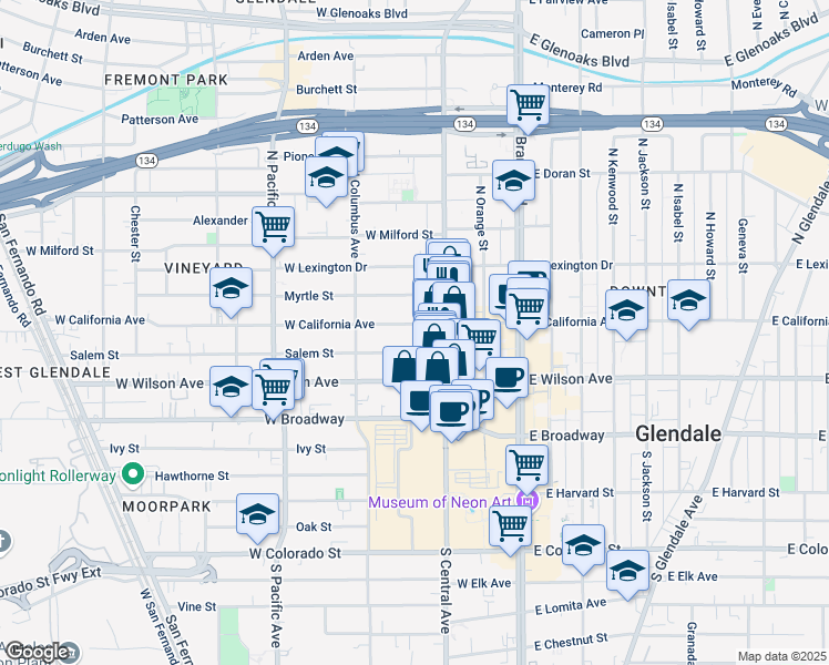map of restaurants, bars, coffee shops, grocery stores, and more near 303 Salem Street in Glendale