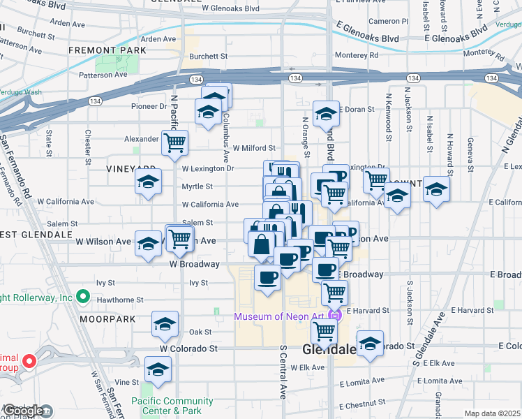 map of restaurants, bars, coffee shops, grocery stores, and more near 345 Salem Street in Glendale