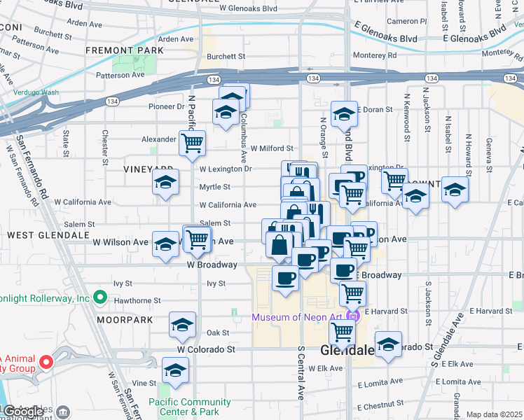 map of restaurants, bars, coffee shops, grocery stores, and more near 345 Salem Street in Glendale