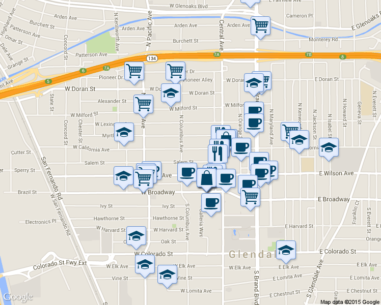 map of restaurants, bars, coffee shops, grocery stores, and more near 345 Salem Street in Glendale