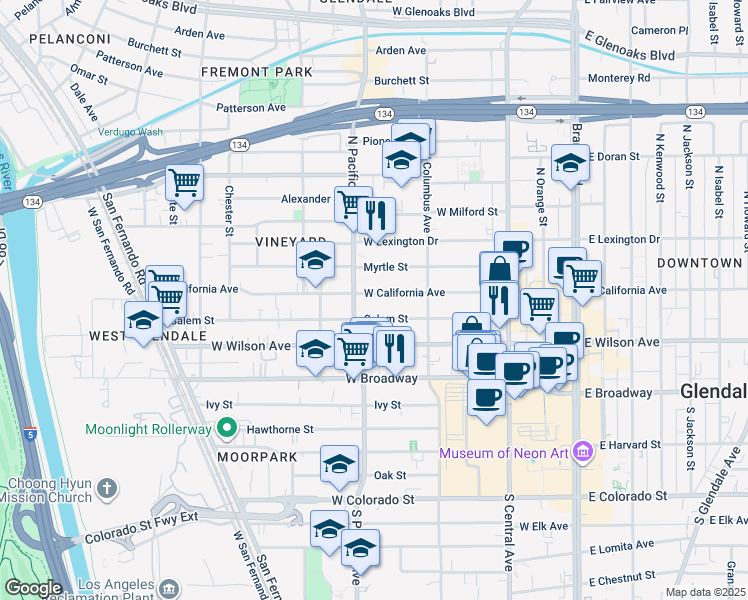 map of restaurants, bars, coffee shops, grocery stores, and more near 439 Salem Street in Glendale
