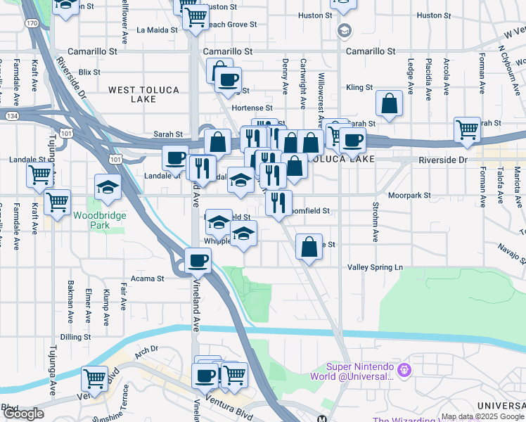 map of restaurants, bars, coffee shops, grocery stores, and more near 10834 Bloomfield Street in Los Angeles