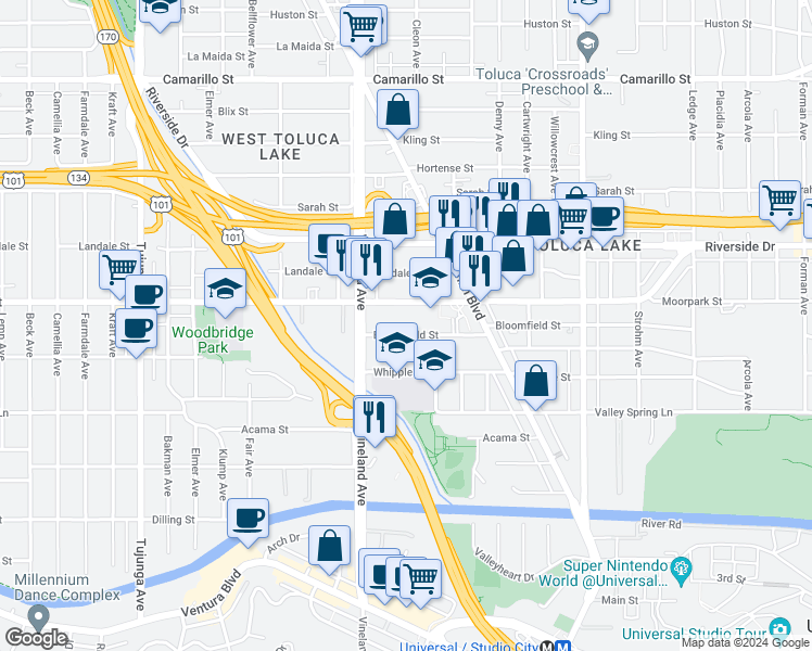 map of restaurants, bars, coffee shops, grocery stores, and more near 10878 Bloomfield Street in Los Angeles