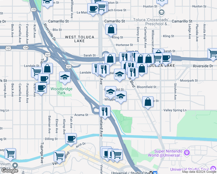 map of restaurants, bars, coffee shops, grocery stores, and more near 10942 Bloomfield Street in Los Angeles