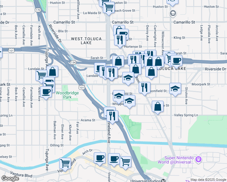 map of restaurants, bars, coffee shops, grocery stores, and more near 10942 Bloomfield Street in Los Angeles