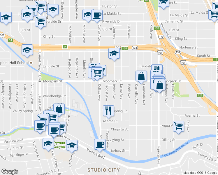 map of restaurants, bars, coffee shops, grocery stores, and more near 4357 Irvine Avenue in Los Angeles