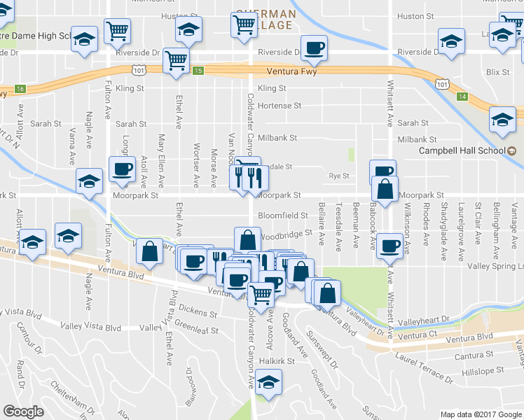 map of restaurants, bars, coffee shops, grocery stores, and more near 12840 Bloomfield Street in Los Angeles