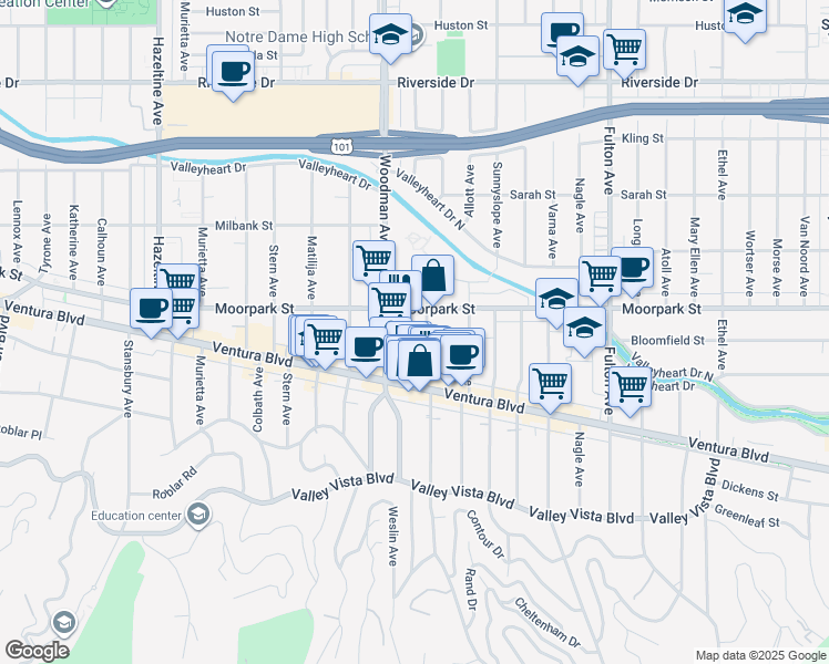 map of restaurants, bars, coffee shops, grocery stores, and more near 4346 Ventura Canyon Avenue in Los Angeles