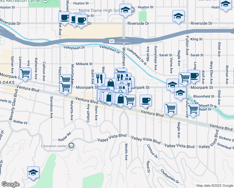 map of restaurants, bars, coffee shops, grocery stores, and more near 4324 Mammoth Avenue in Los Angeles