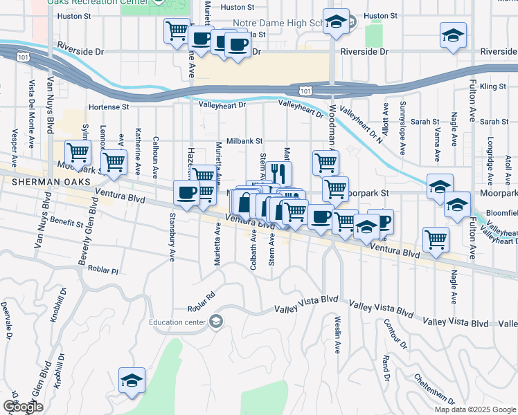 map of restaurants, bars, coffee shops, grocery stores, and more near 13901 Ventura Boulevard in Los Angeles