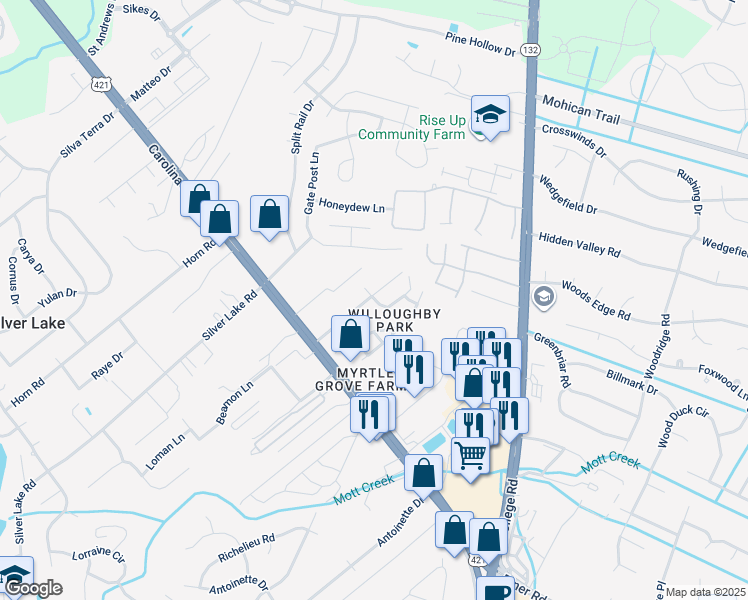 map of restaurants, bars, coffee shops, grocery stores, and more near 1600 Willoughby Park Court in Wilmington