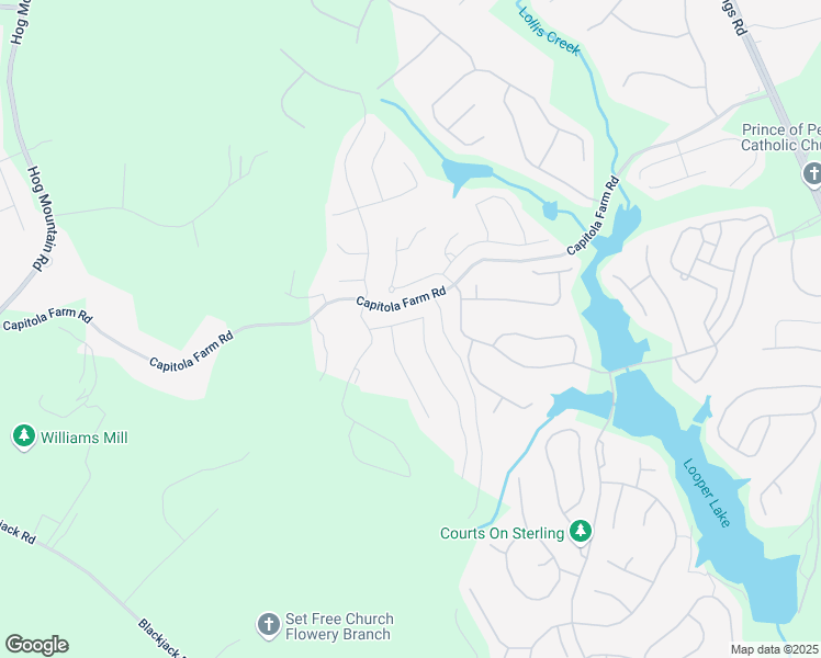 map of restaurants, bars, coffee shops, grocery stores, and more near 6832 Bungalow Road in Flowery Branch