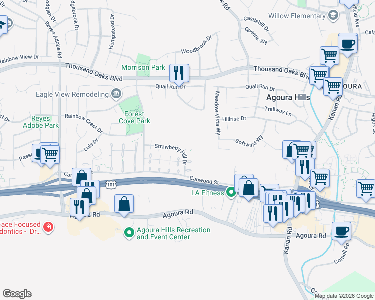 map of restaurants, bars, coffee shops, grocery stores, and more near 29655 Strawberry Hill Drive in Agoura Hills