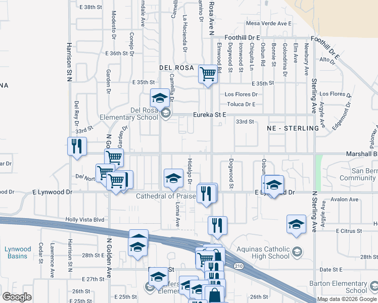map of restaurants, bars, coffee shops, grocery stores, and more near 1530 East Marshall Boulevard in San Bernardino