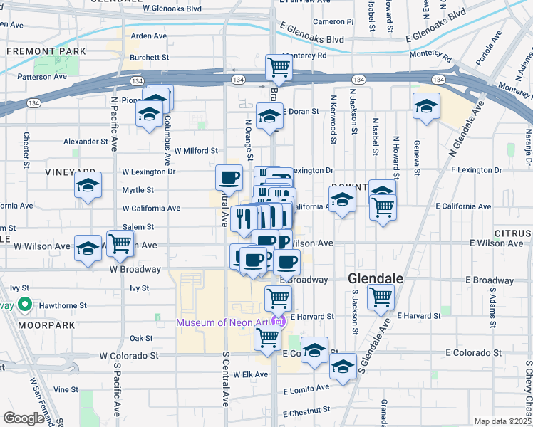 map of restaurants, bars, coffee shops, grocery stores, and more near 241 North Brand Boulevard in Glendale