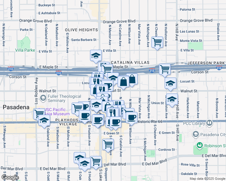 map of restaurants, bars, coffee shops, grocery stores, and more near East Walnut Street in Pasadena