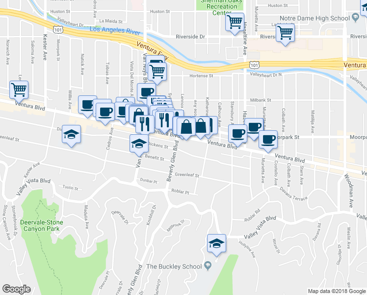map of restaurants, bars, coffee shops, grocery stores, and more near 14327 Dickens Street in Sherman Oaks