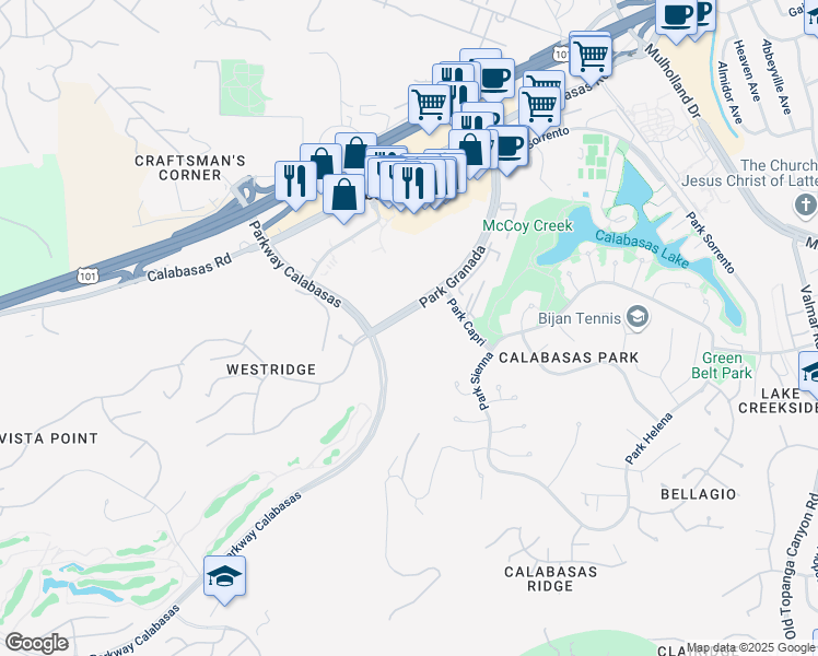 map of restaurants, bars, coffee shops, grocery stores, and more near 4500 Park Granada in Calabasas
