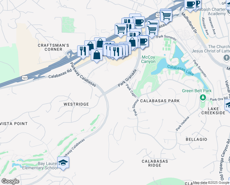 map of restaurants, bars, coffee shops, grocery stores, and more near 4500 Park Granada in Calabasas