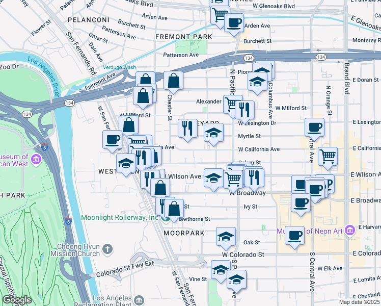 map of restaurants, bars, coffee shops, grocery stores, and more near 634 West California Avenue in Glendale