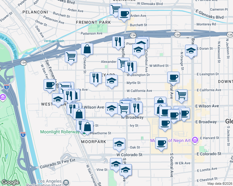 map of restaurants, bars, coffee shops, grocery stores, and more near 520 West California Avenue in Glendale