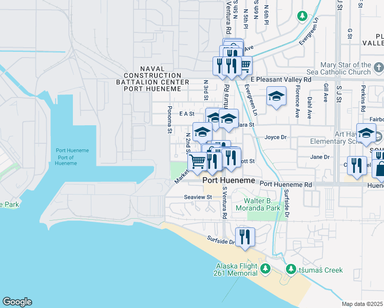 map of restaurants, bars, coffee shops, grocery stores, and more near 226 North 2nd Street in Port Hueneme