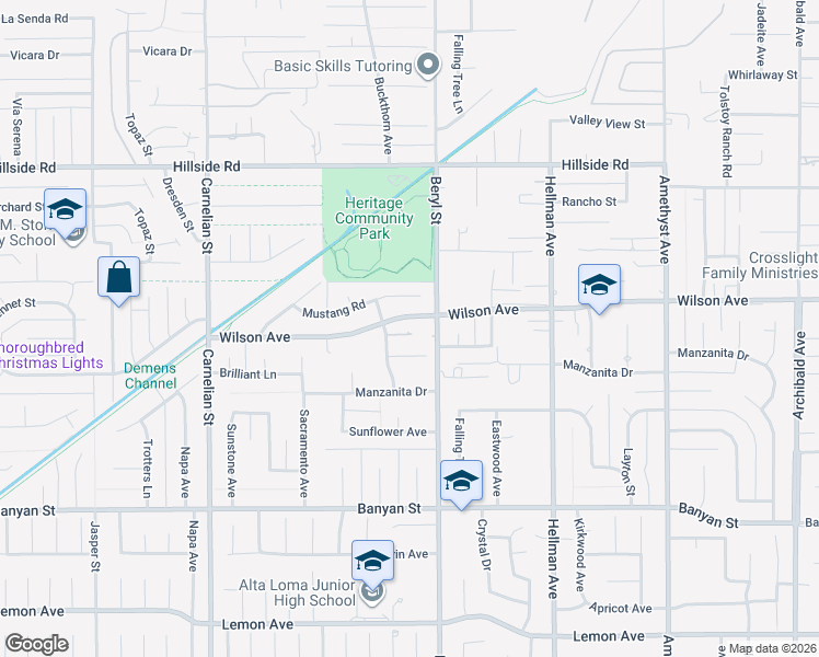map of restaurants, bars, coffee shops, grocery stores, and more near 5799 Buckthorn Avenue in Rancho Cucamonga