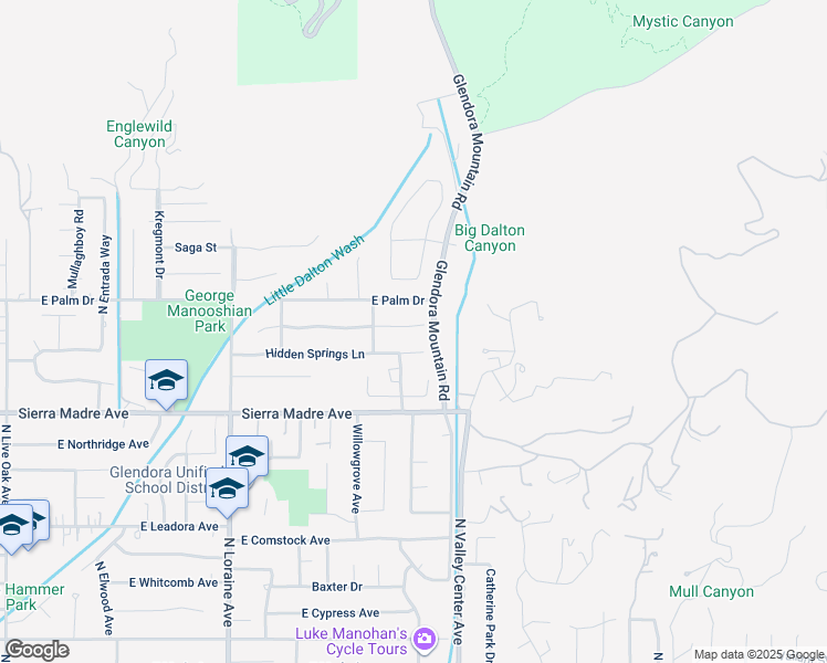 map of restaurants, bars, coffee shops, grocery stores, and more near 1346 Indian Springs Drive in Glendora