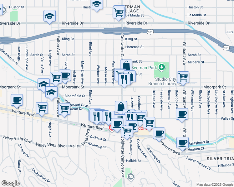 map of restaurants, bars, coffee shops, grocery stores, and more near 12919 Bloomfield Street in Los Angeles