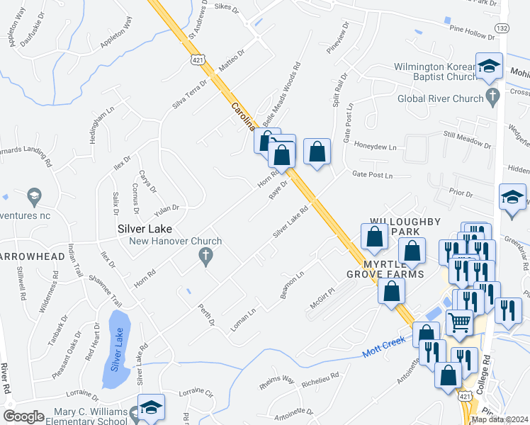 map of restaurants, bars, coffee shops, grocery stores, and more near 147 Raye Drive in Wilmington