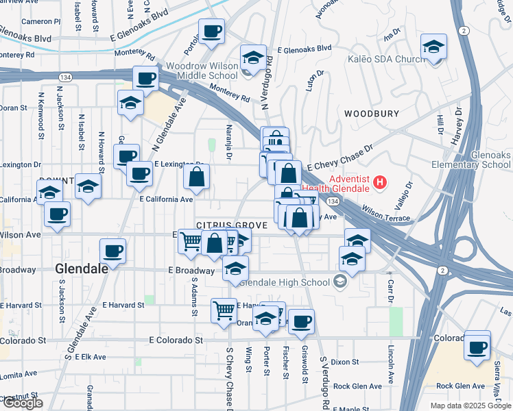 map of restaurants, bars, coffee shops, grocery stores, and more near 1234 East California Avenue in Glendale