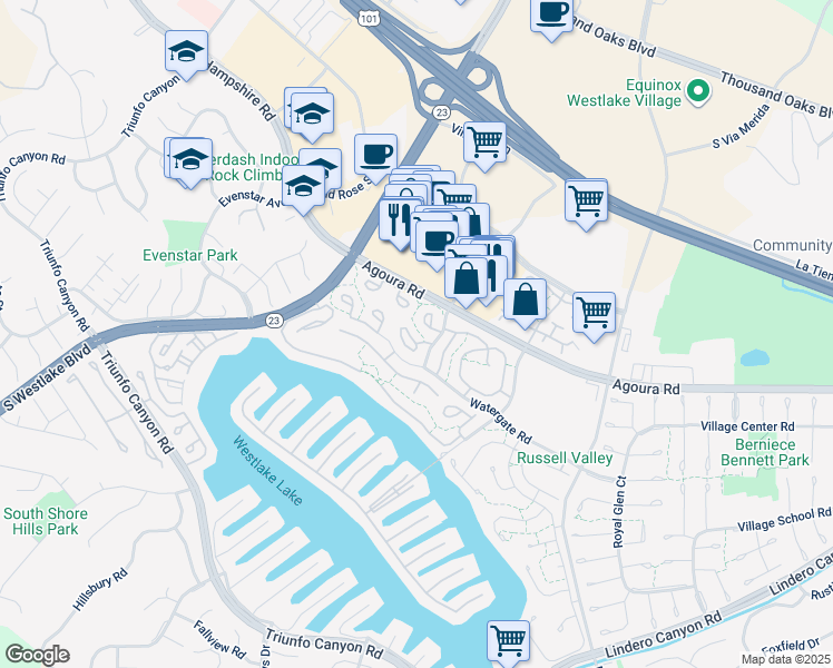 map of restaurants, bars, coffee shops, grocery stores, and more near 1144 Stonewall Circle in Westlake Village