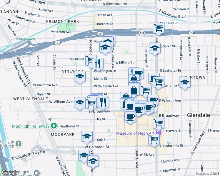 map of restaurants, bars, coffee shops, grocery stores, and more near 400 West California Avenue in Glendale
