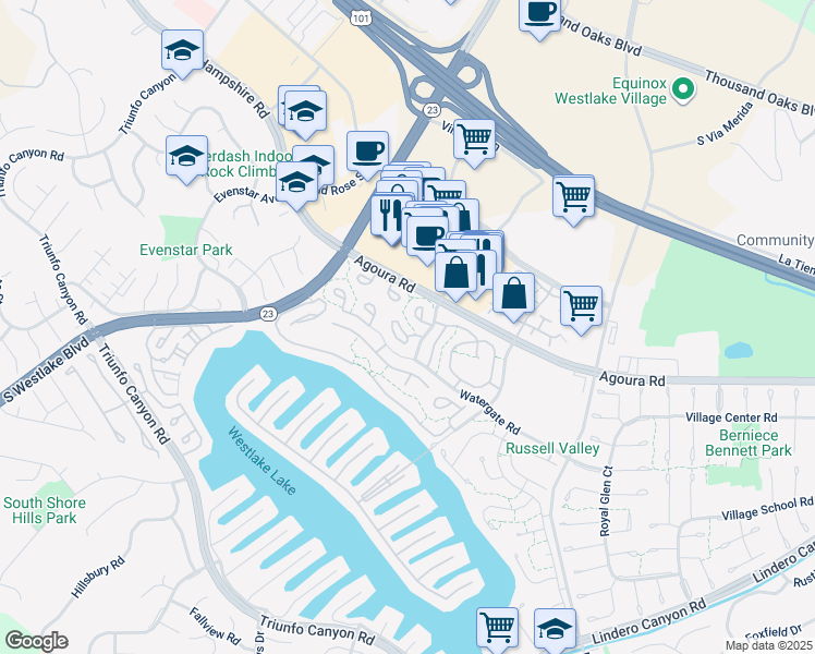 map of restaurants, bars, coffee shops, grocery stores, and more near 1144 Stonewall Circle in Westlake Village
