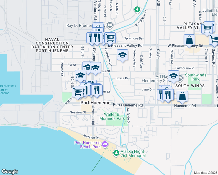 map of restaurants, bars, coffee shops, grocery stores, and more near 231 Willowbrook Street in Port Hueneme
