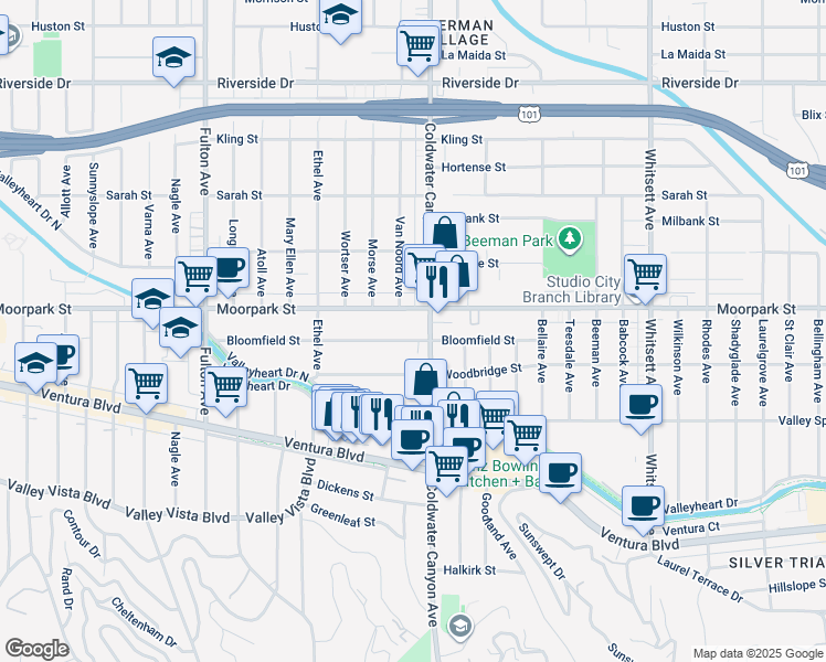 map of restaurants, bars, coffee shops, grocery stores, and more near 12919 Bloomfield Street in Los Angeles