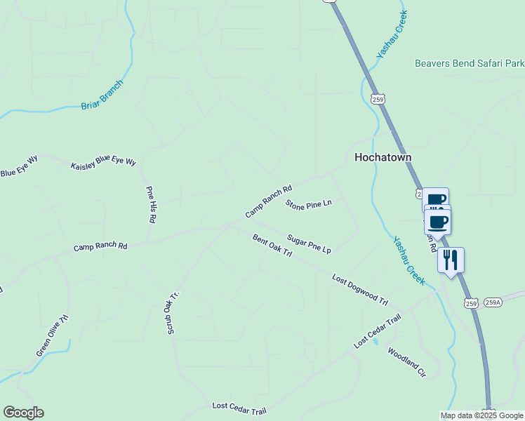 map of restaurants, bars, coffee shops, grocery stores, and more near 584 Camp Ranch Road in Broken Bow