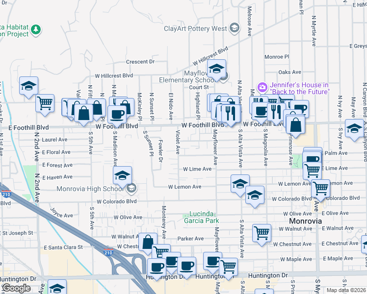 map of restaurants, bars, coffee shops, grocery stores, and more near 628 West Palm Avenue in Monrovia