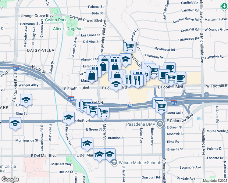 map of restaurants, bars, coffee shops, grocery stores, and more near 3360 East Foothill Boulevard in Pasadena