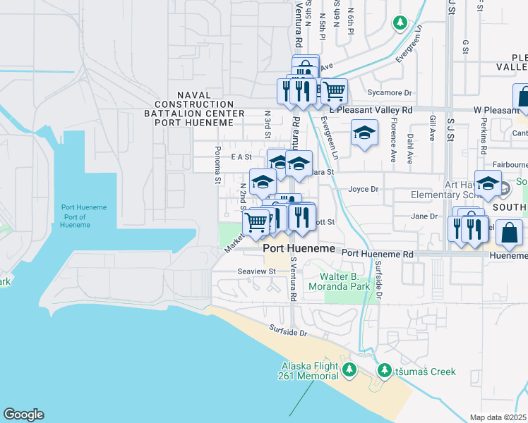 map of restaurants, bars, coffee shops, grocery stores, and more near 266 East Scott Street in Port Hueneme